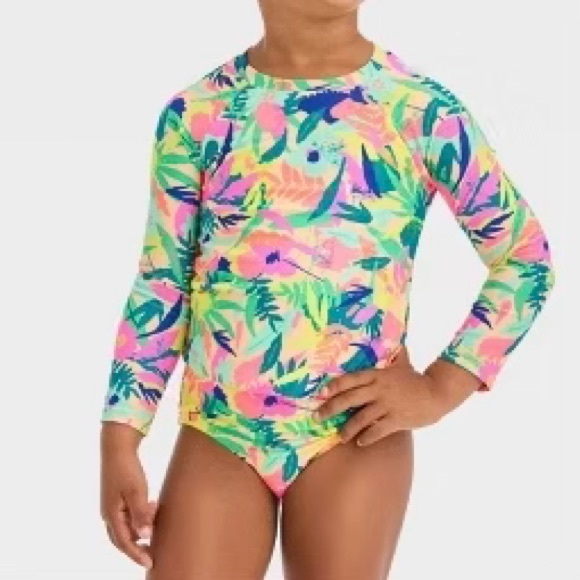 Cat & Jack Long Sleeve Rash Guard Two Piece Swimsuit Colorful Palm Print Size 3T - Picture 1 of 9